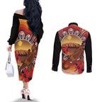 Indigenous Goanna Australia Couples Matching Off The Shoulder Long Sleeve Dress and Long Sleeve Button Shirt Aussie Uluru Ayers Rock Sturt's Desert Pea