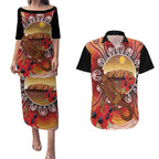 Indigenous Goanna Australia Couples Matching Puletasi and Hawaiian Shirt Aussie Uluru Ayers Rock Sturt's Desert Pea