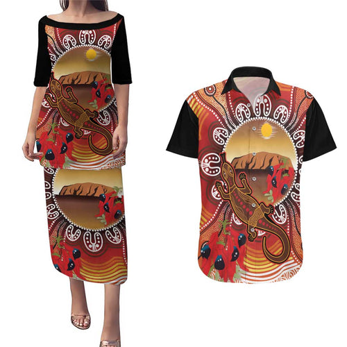 Indigenous Goanna Australia Couples Matching Puletasi and Hawaiian Shirt Aussie Uluru Ayers Rock Sturt's Desert Pea