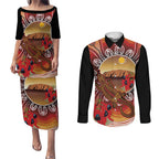 Indigenous Goanna Australia Couples Matching Puletasi and Long Sleeve Button Shirt Aussie Uluru Ayers Rock Sturt's Desert Pea