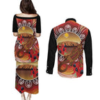 Indigenous Goanna Australia Couples Matching Puletasi and Long Sleeve Button Shirt Aussie Uluru Ayers Rock Sturt's Desert Pea