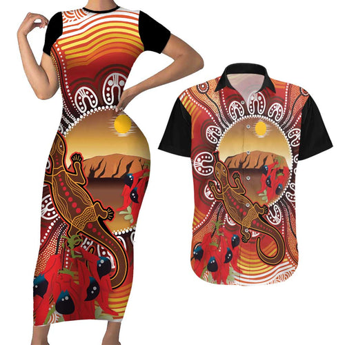 Indigenous Goanna Australia Couples Matching Short Sleeve Bodycon Dress and Hawaiian Shirt Aussie Uluru Ayers Rock Sturt's Desert Pea