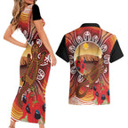 Indigenous Goanna Australia Couples Matching Short Sleeve Bodycon Dress and Hawaiian Shirt Aussie Uluru Ayers Rock Sturt's Desert Pea