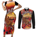 Indigenous Goanna Australia Couples Matching Short Sleeve Bodycon Dress and Long Sleeve Button Shirt Aussie Uluru Ayers Rock Sturt's Desert Pea