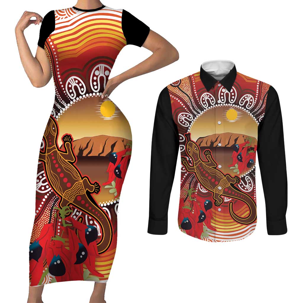 Indigenous Goanna Australia Couples Matching Short Sleeve Bodycon Dress and Long Sleeve Button Shirt Aussie Uluru Ayers Rock Sturt's Desert Pea