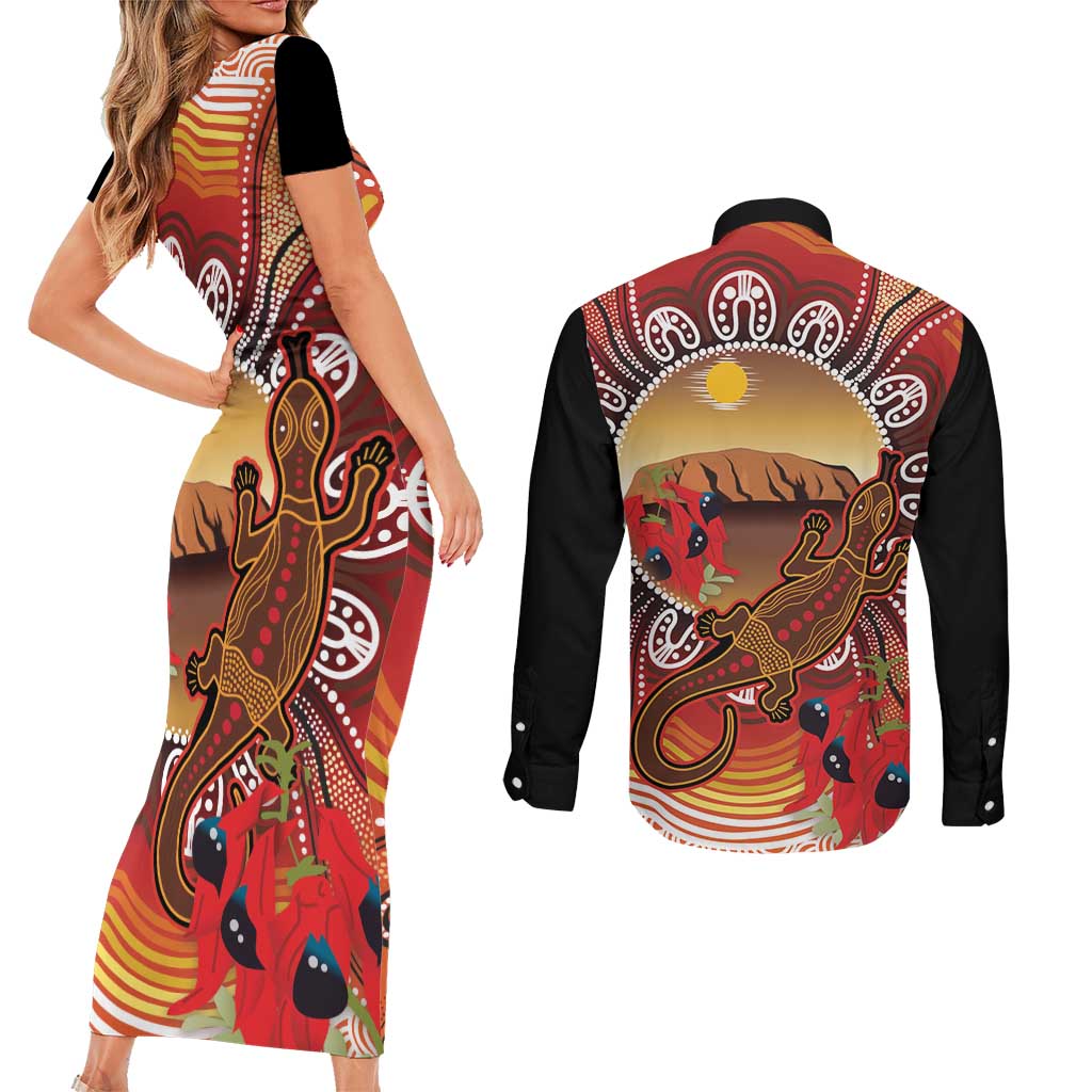 Indigenous Goanna Australia Couples Matching Short Sleeve Bodycon Dress and Long Sleeve Button Shirt Aussie Uluru Ayers Rock Sturt's Desert Pea
