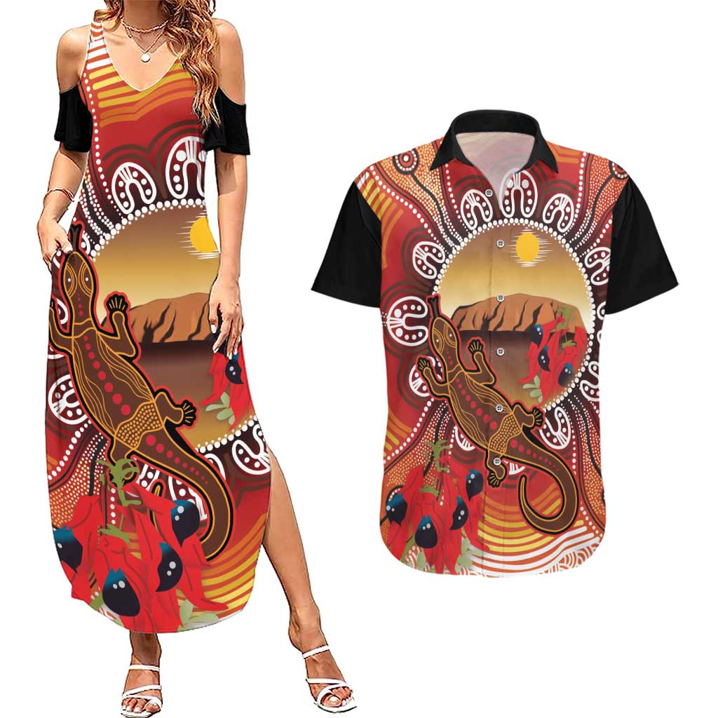 Indigenous Goanna Australia Couples Matching Summer Maxi Dress and Hawaiian Shirt Aussie Uluru Ayers Rock Sturt's Desert Pea