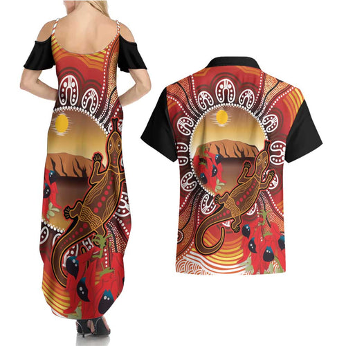Indigenous Goanna Australia Couples Matching Summer Maxi Dress and Hawaiian Shirt Aussie Uluru Ayers Rock Sturt's Desert Pea