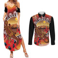 Indigenous Goanna Australia Couples Matching Summer Maxi Dress and Long Sleeve Button Shirt Aussie Uluru Ayers Rock Sturt's Desert Pea