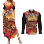 Indigenous Goanna Australia Couples Matching Summer Maxi Dress and Long Sleeve Button Shirt Aussie Uluru Ayers Rock Sturt's Desert Pea