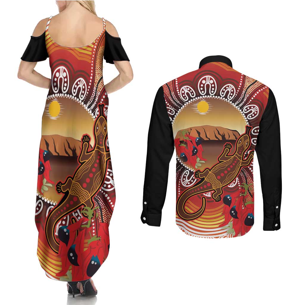 Indigenous Goanna Australia Couples Matching Summer Maxi Dress and Long Sleeve Button Shirt Aussie Uluru Ayers Rock Sturt's Desert Pea
