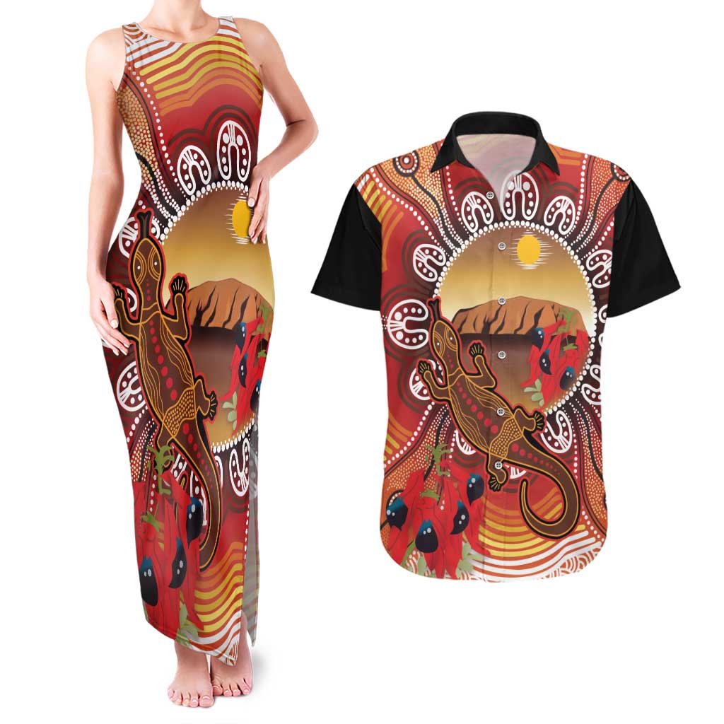 Indigenous Goanna Australia Couples Matching Tank Maxi Dress and Hawaiian Shirt Aussie Uluru Ayers Rock Sturt's Desert Pea