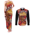 Indigenous Goanna Australia Couples Matching Tank Maxi Dress and Long Sleeve Button Shirt Aussie Uluru Ayers Rock Sturt's Desert Pea