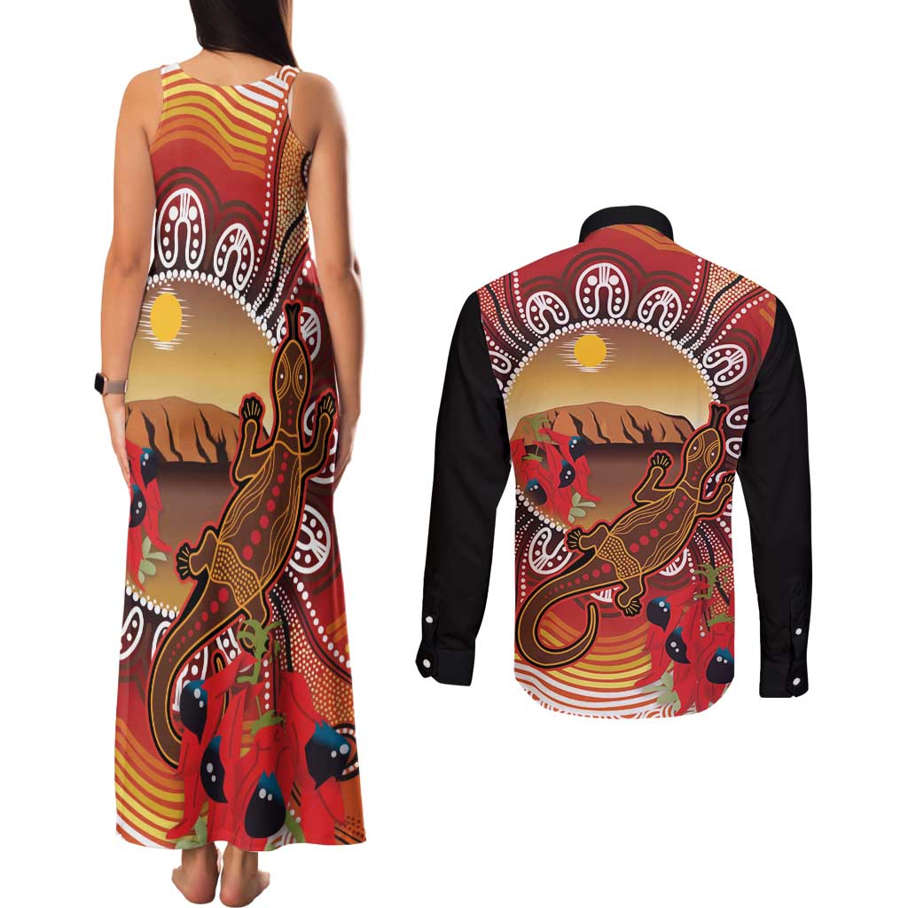 Indigenous Goanna Australia Couples Matching Tank Maxi Dress and Long Sleeve Button Shirt Aussie Uluru Ayers Rock Sturt's Desert Pea