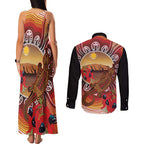 Indigenous Goanna Australia Couples Matching Tank Maxi Dress and Long Sleeve Button Shirt Aussie Uluru Ayers Rock Sturt's Desert Pea