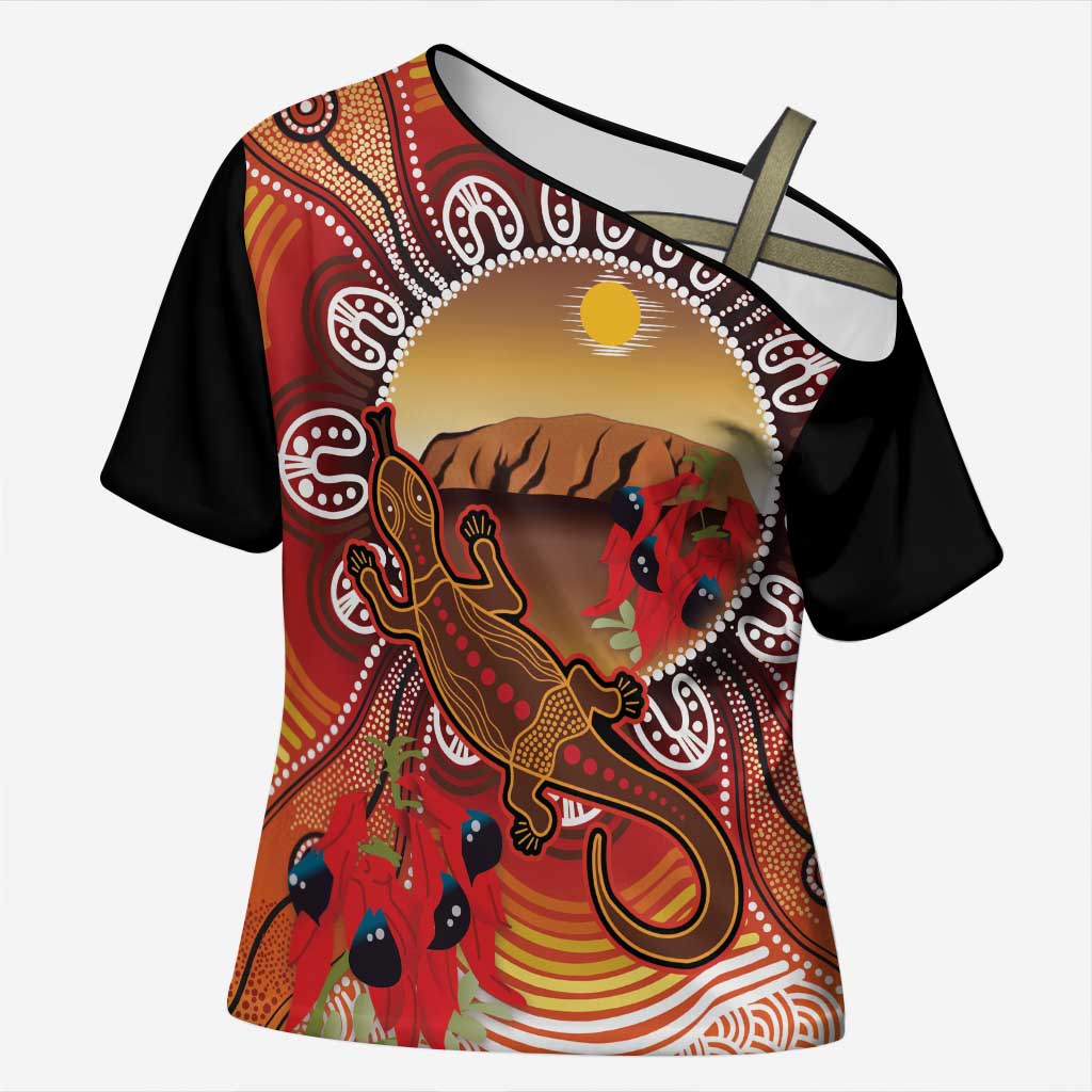Indigenous Goanna Australia Cross Shoulder Shirt Aussie Uluru Ayers Rock Sturt's Desert Pea