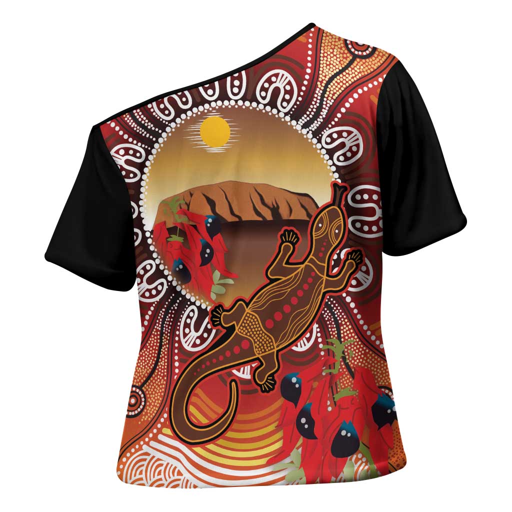 Indigenous Goanna Australia Cross Shoulder Shirt Aussie Uluru Ayers Rock Sturt's Desert Pea