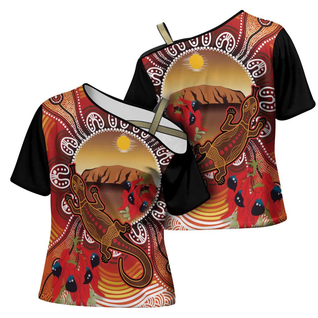Indigenous Goanna Australia Cross Shoulder Shirt Aussie Uluru Ayers Rock Sturt's Desert Pea