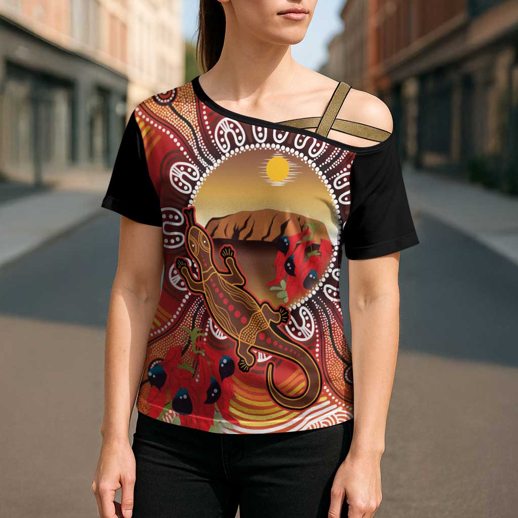 Indigenous Goanna Australia Cross Shoulder Shirt Aussie Uluru Ayers Rock Sturt's Desert Pea