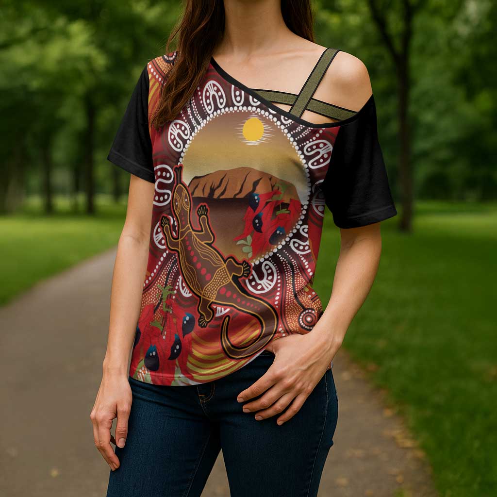 Indigenous Goanna Australia Cross Shoulder Shirt Aussie Uluru Ayers Rock Sturt's Desert Pea