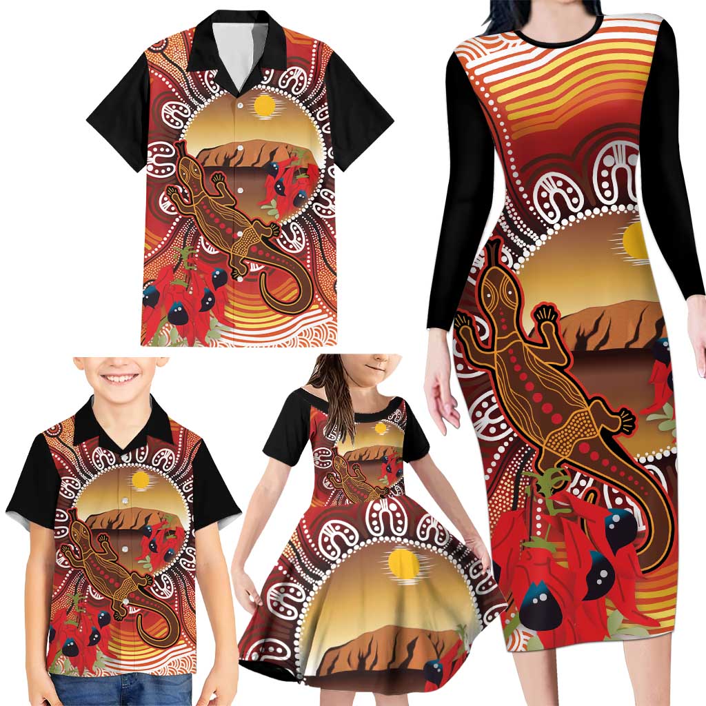Indigenous Goanna Australia Family Matching Long Sleeve Bodycon Dress and Hawaiian Shirt Aussie Uluru Ayers Rock Sturt's Desert Pea