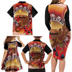 Indigenous Goanna Australia Family Matching Long Sleeve Bodycon Dress and Hawaiian Shirt Aussie Uluru Ayers Rock Sturt's Desert Pea