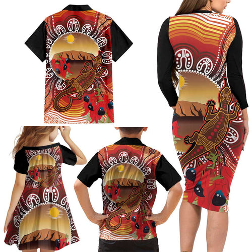 Indigenous Goanna Australia Family Matching Long Sleeve Bodycon Dress and Hawaiian Shirt Aussie Uluru Ayers Rock Sturt's Desert Pea