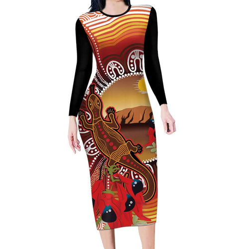 Indigenous Goanna Australia Family Matching Long Sleeve Bodycon Dress and Hawaiian Shirt Aussie Uluru Ayers Rock Sturt's Desert Pea