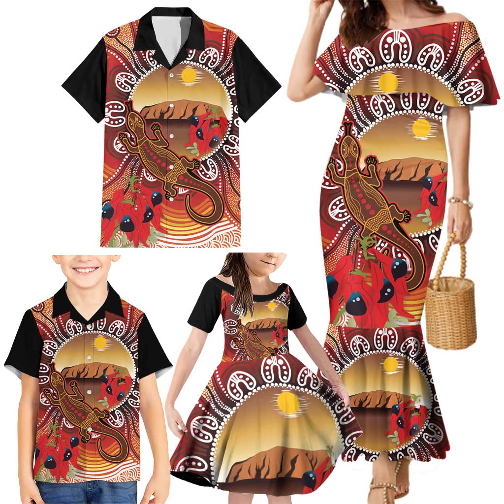 Indigenous Goanna Australia Family Matching Mermaid Dress and Hawaiian Shirt Aussie Uluru Ayers Rock Sturt's Desert Pea