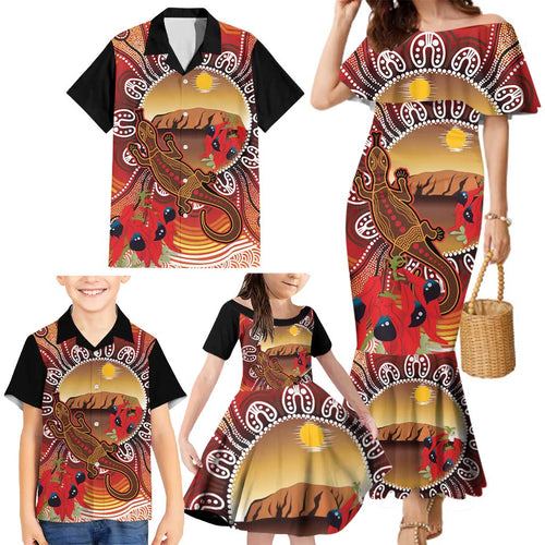 Indigenous Goanna Australia Family Matching Mermaid Dress and Hawaiian Shirt Aussie Uluru Ayers Rock Sturt's Desert Pea