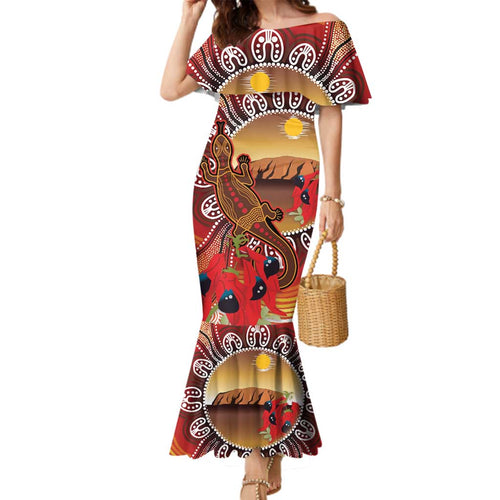 Indigenous Goanna Australia Family Matching Mermaid Dress and Hawaiian Shirt Aussie Uluru Ayers Rock Sturt's Desert Pea