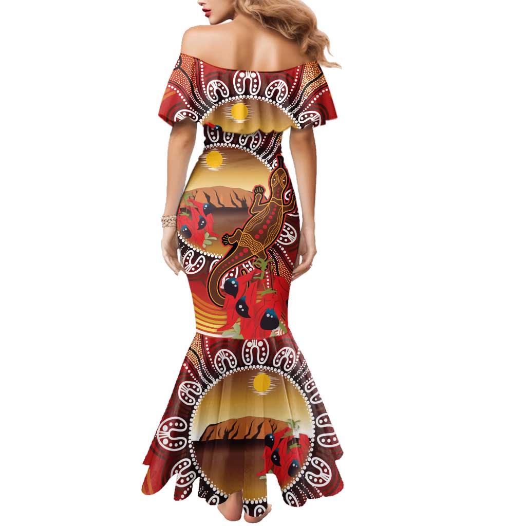 Indigenous Goanna Australia Family Matching Mermaid Dress and Hawaiian Shirt Aussie Uluru Ayers Rock Sturt's Desert Pea