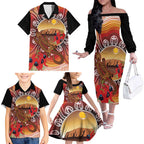 Indigenous Goanna Australia Family Matching Off The Shoulder Long Sleeve Dress and Hawaiian Shirt Aussie Uluru Ayers Rock Sturt's Desert Pea