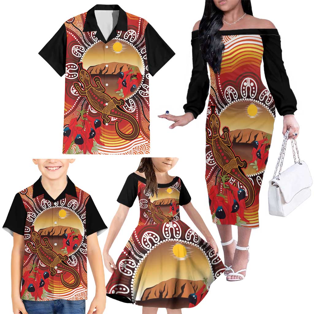 Indigenous Goanna Australia Family Matching Off The Shoulder Long Sleeve Dress and Hawaiian Shirt Aussie Uluru Ayers Rock Sturt's Desert Pea