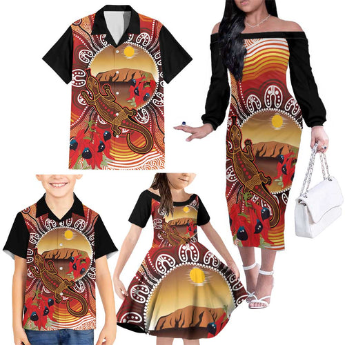 Indigenous Goanna Australia Family Matching Off The Shoulder Long Sleeve Dress and Hawaiian Shirt Aussie Uluru Ayers Rock Sturt's Desert Pea