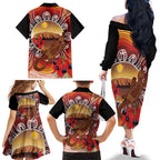 Indigenous Goanna Australia Family Matching Off The Shoulder Long Sleeve Dress and Hawaiian Shirt Aussie Uluru Ayers Rock Sturt's Desert Pea