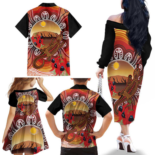 Indigenous Goanna Australia Family Matching Off The Shoulder Long Sleeve Dress and Hawaiian Shirt Aussie Uluru Ayers Rock Sturt's Desert Pea