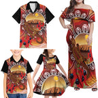 Indigenous Goanna Australia Family Matching Off Shoulder Maxi Dress and Hawaiian Shirt Aussie Uluru Ayers Rock Sturt's Desert Pea