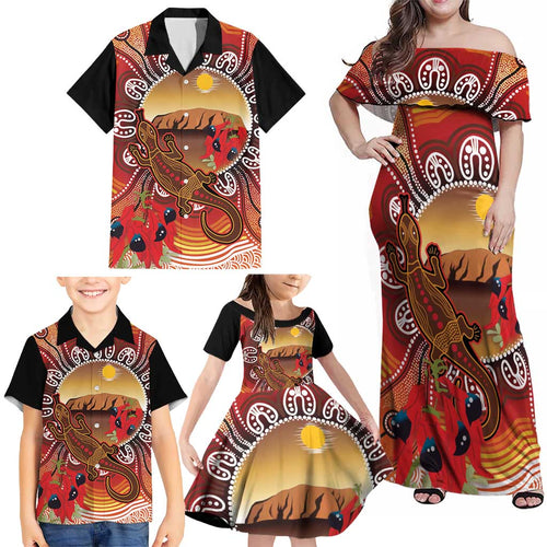 Indigenous Goanna Australia Family Matching Off Shoulder Maxi Dress and Hawaiian Shirt Aussie Uluru Ayers Rock Sturt's Desert Pea