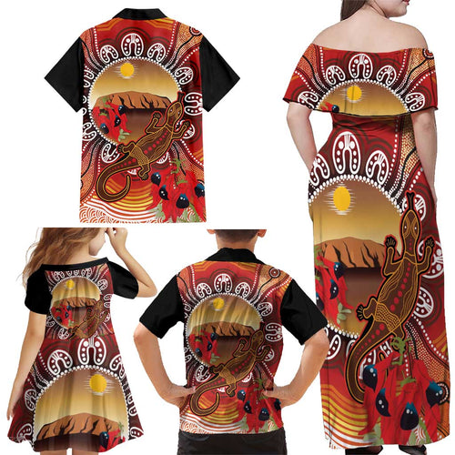 Indigenous Goanna Australia Family Matching Off Shoulder Maxi Dress and Hawaiian Shirt Aussie Uluru Ayers Rock Sturt's Desert Pea