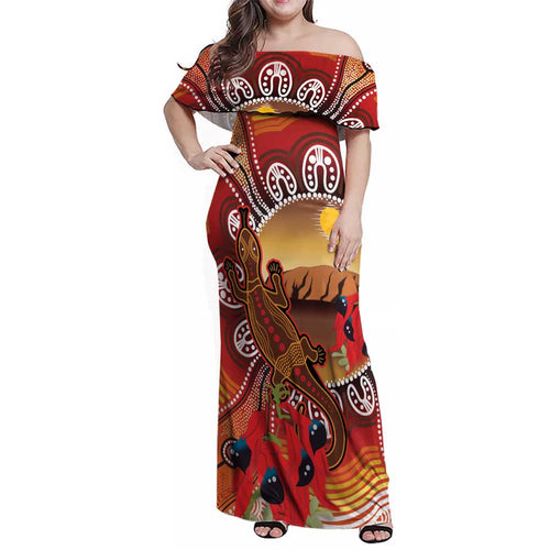 Indigenous Goanna Australia Family Matching Off Shoulder Maxi Dress and Hawaiian Shirt Aussie Uluru Ayers Rock Sturt's Desert Pea