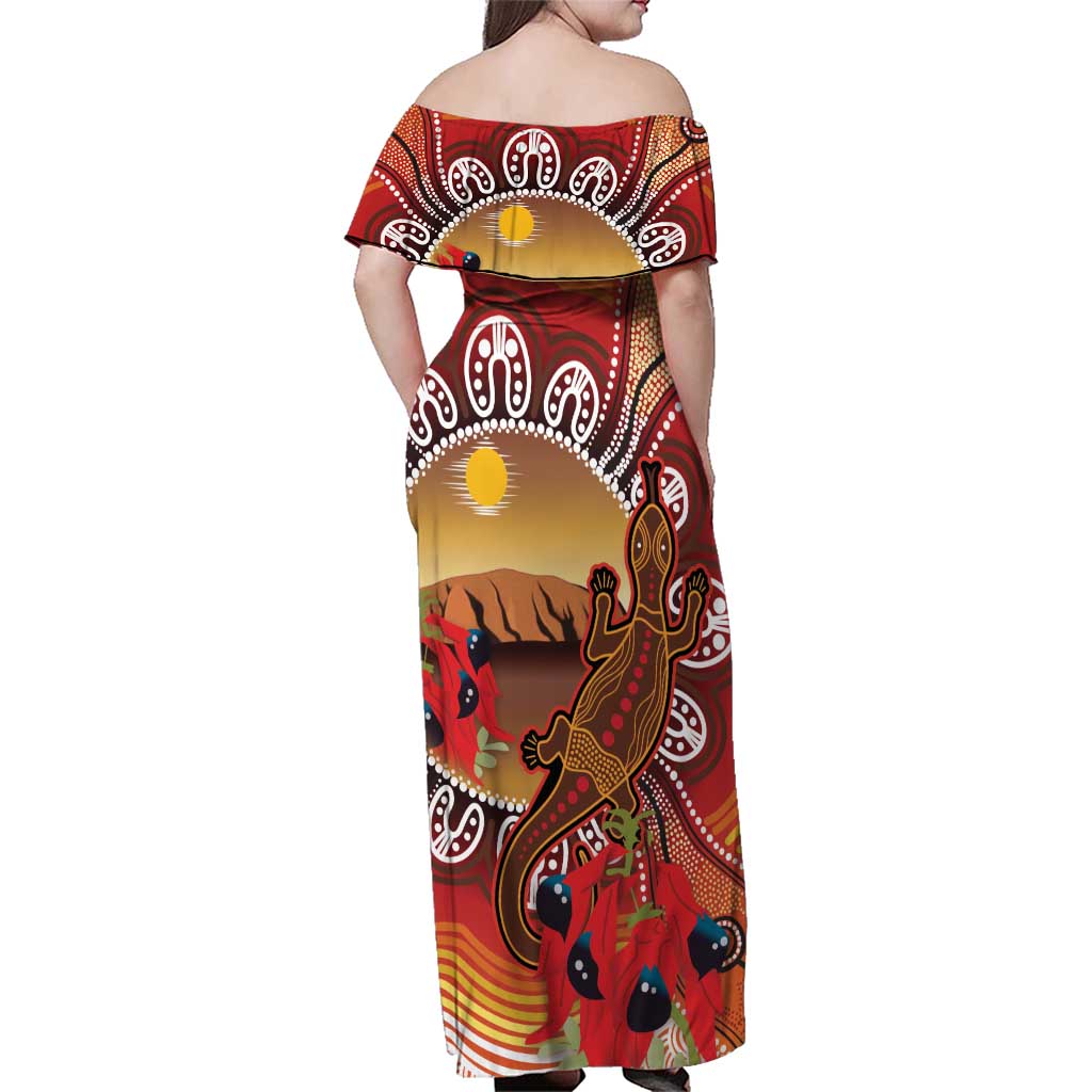 Indigenous Goanna Australia Family Matching Off Shoulder Maxi Dress and Hawaiian Shirt Aussie Uluru Ayers Rock Sturt's Desert Pea