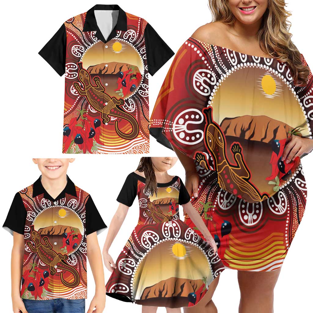 Indigenous Goanna Australia Family Matching Off Shoulder Short Dress and Hawaiian Shirt Aussie Uluru Ayers Rock Sturt's Desert Pea