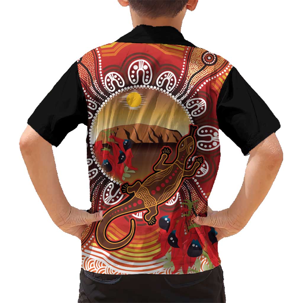Indigenous Goanna Australia Family Matching Off Shoulder Short Dress and Hawaiian Shirt Aussie Uluru Ayers Rock Sturt's Desert Pea