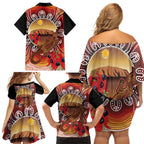 Indigenous Goanna Australia Family Matching Off Shoulder Short Dress and Hawaiian Shirt Aussie Uluru Ayers Rock Sturt's Desert Pea