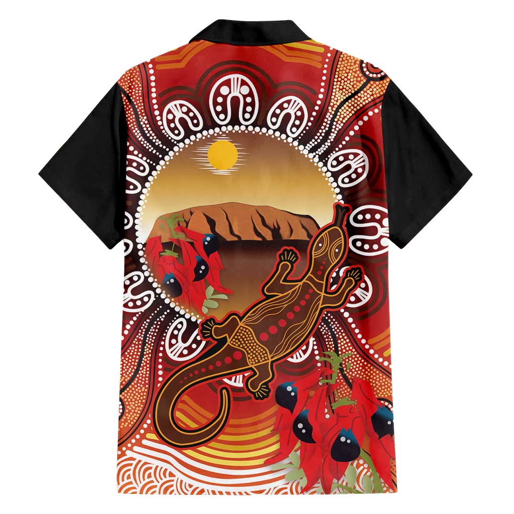 Indigenous Goanna Australia Family Matching Off Shoulder Short Dress and Hawaiian Shirt Aussie Uluru Ayers Rock Sturt's Desert Pea