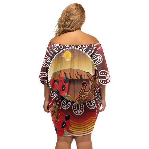 Indigenous Goanna Australia Family Matching Off Shoulder Short Dress and Hawaiian Shirt Aussie Uluru Ayers Rock Sturt's Desert Pea