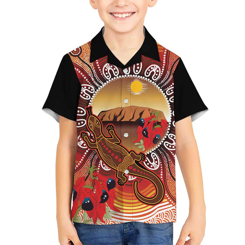 Indigenous Goanna Australia Family Matching Off Shoulder Short Dress and Hawaiian Shirt Aussie Uluru Ayers Rock Sturt's Desert Pea