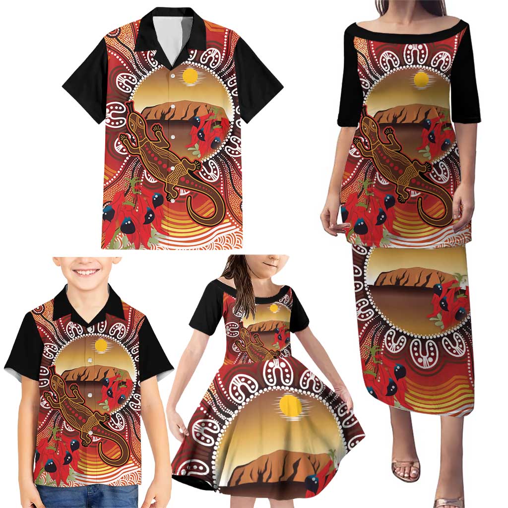 Indigenous Goanna Australia Family Matching Puletasi and Hawaiian Shirt Aussie Uluru Ayers Rock Sturt's Desert Pea