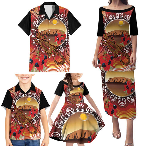 Indigenous Goanna Australia Family Matching Puletasi and Hawaiian Shirt Aussie Uluru Ayers Rock Sturt's Desert Pea